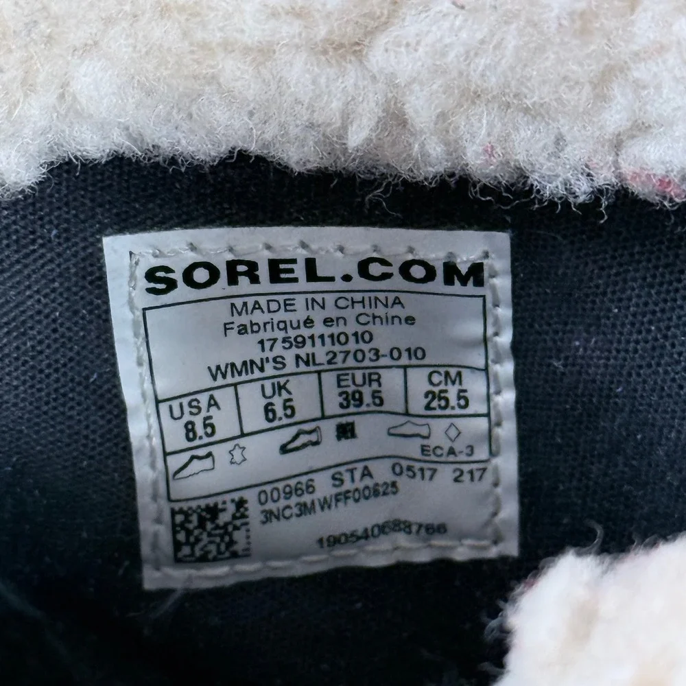 Sorel Joan of Arctic Wedge Boots Womens 8.5 Black Leather Faux Fur Lined Lace Up